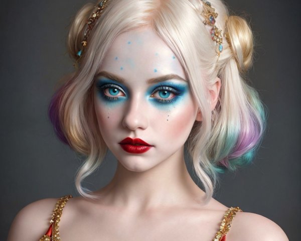 Young woman with pastel hair and bold makeup features