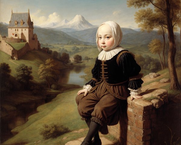 Child on Brick Wall with Scenic Landscape Background