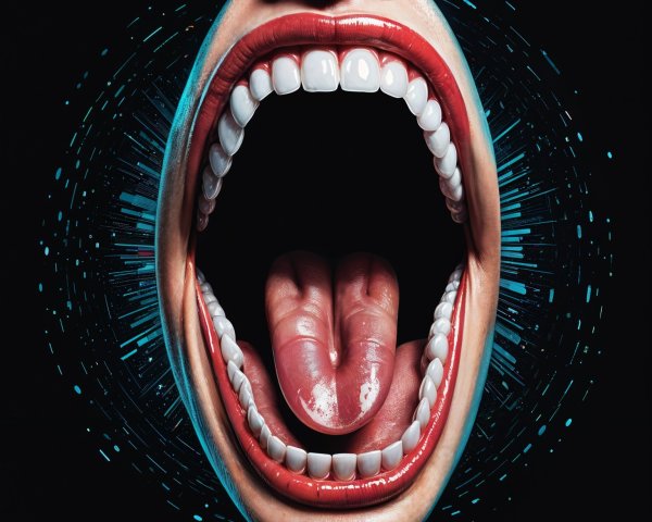 Stylized Open Mouth with Bright Teeth and Abstract Patterns