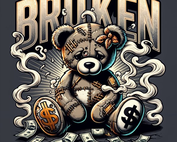 Distressed teddy bear with dollar bills and "BROKEN" theme