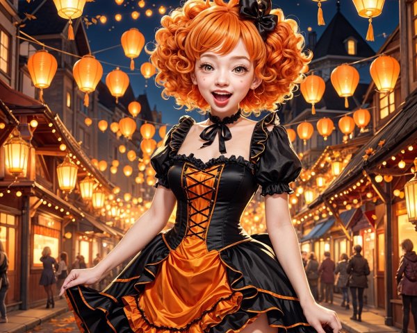 Lively street scene with glowing lanterns and vibrant attire