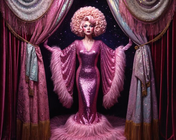 Glamorous Figure in Sequined Pink Gown with Stars