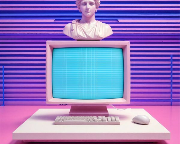 Vaporwave Image of Marble Bust and Retro Computer Setup
