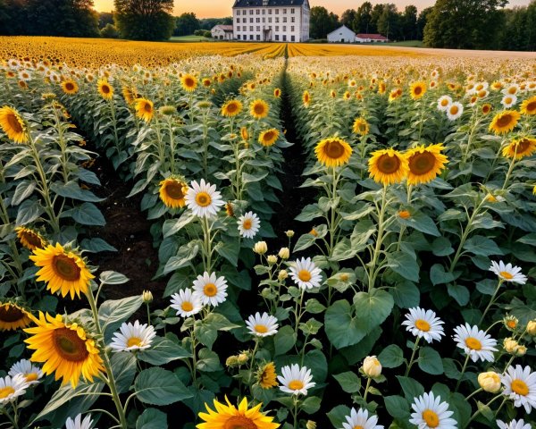 Vibrant Sunflower and Daisy Fields with White Building