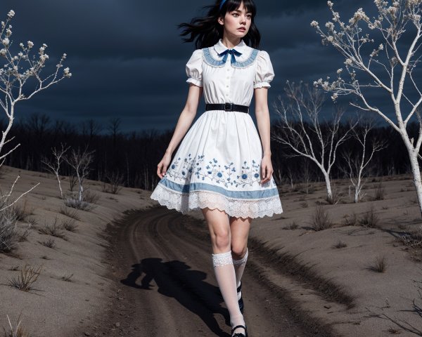 Young woman in vintage dress on deserted dirt path