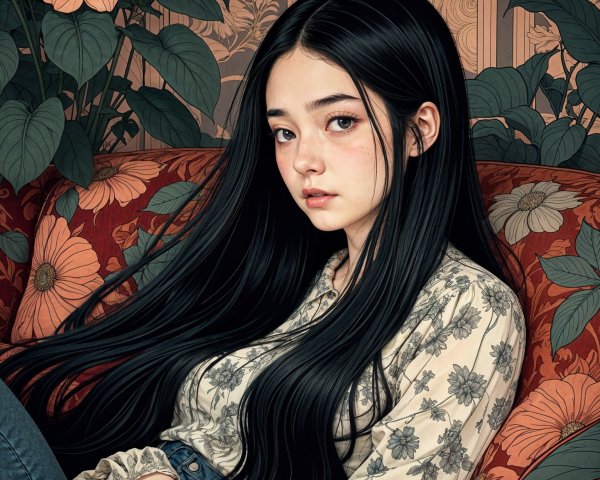 Young woman with black hair in a vintage setting