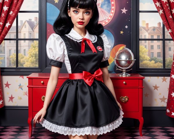 Young woman in black and white dress with red bow