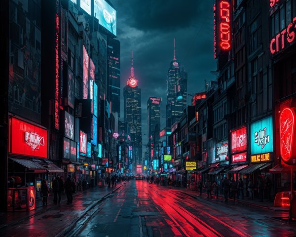 Vibrant Urban Night Scene with Neon Lights and Skyscrapers