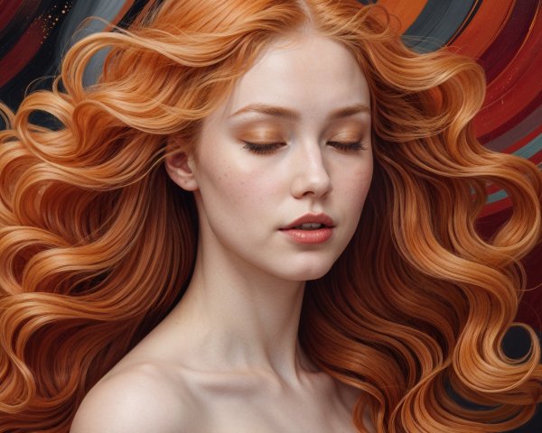 Portrait of a woman with flowing orange hair and serene expression
