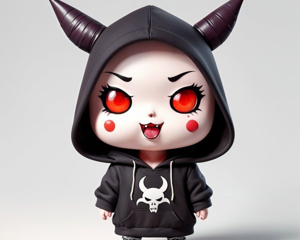 Chibi Character with Red Eyes and Dark Hoodie Design