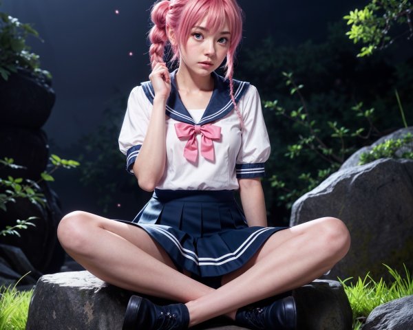 Young Woman in Japanese School Uniform in Nature