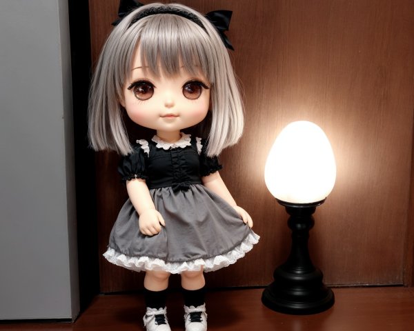 Vintage-inspired doll with silver hair and lamp