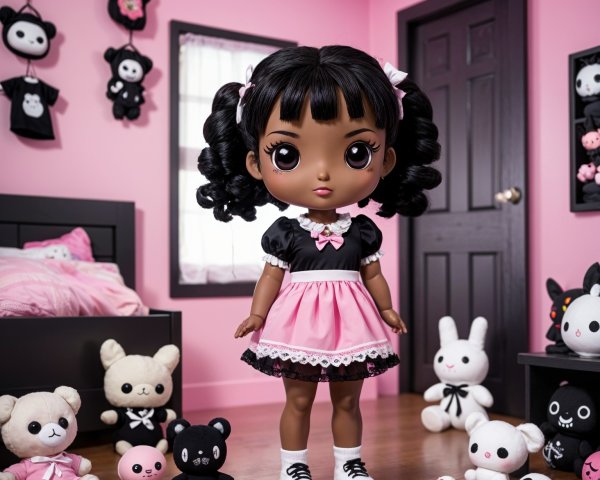 Charming Doll in Playful Pastel Room with Plush Toys