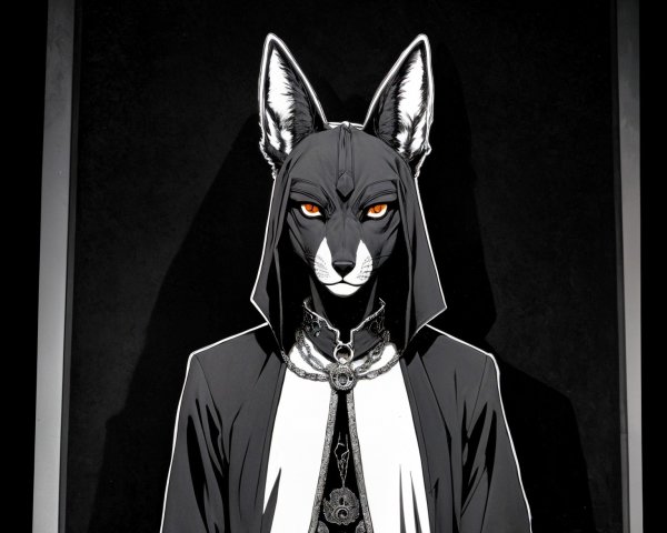 Anthropomorphic fox character in dark hooded garment