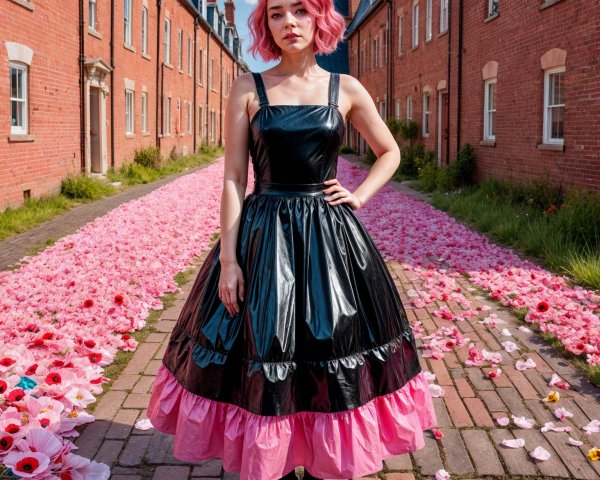 Model in Black and Pink Dress Among Pink Flowers