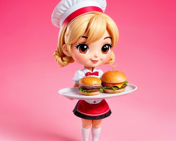 Cartoon Girl in Diner Uniform with Burgers on Plate