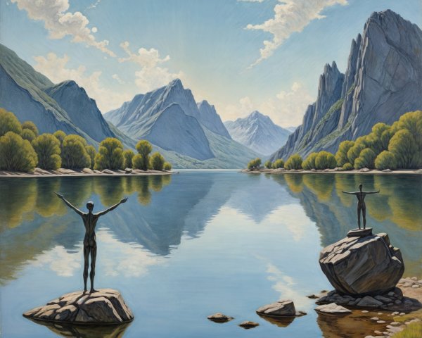 Serene landscape with lake, mountains, and figures