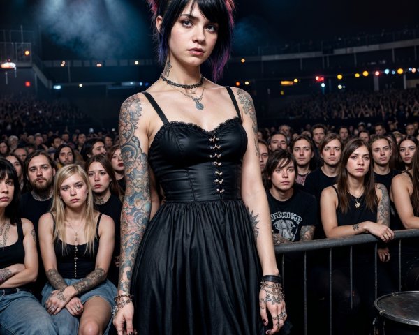 Young woman in black dress at vibrant concert scene