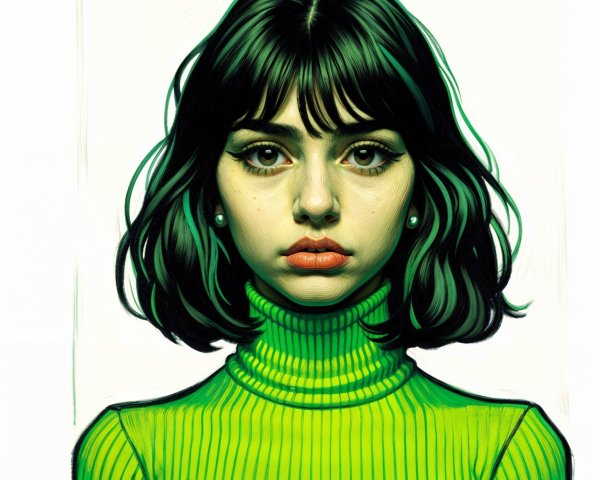 Young Woman in Green Turtleneck with Dark Hair