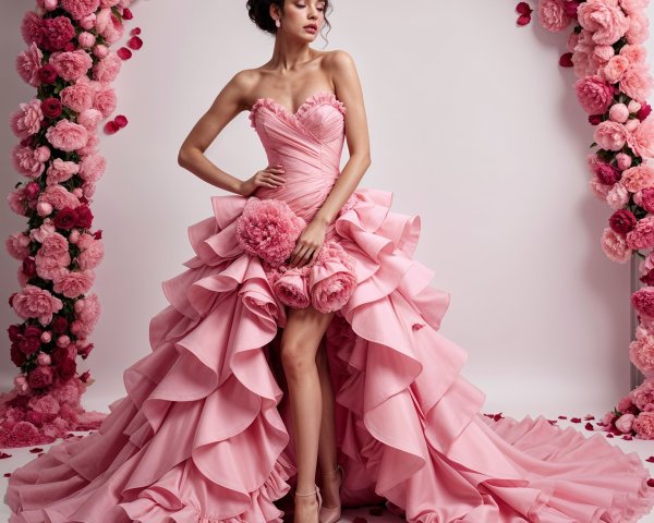 Elegant pink dress with floral embellishments and ruffles