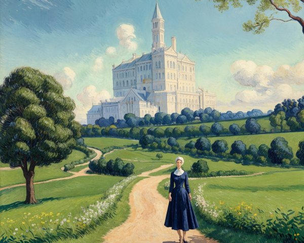 Serene landscape with a winding path and castle view