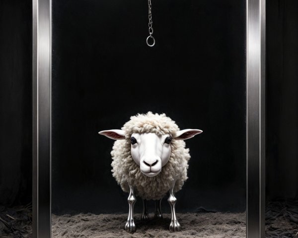 Stylized sheep in glass enclosure with metallic legs