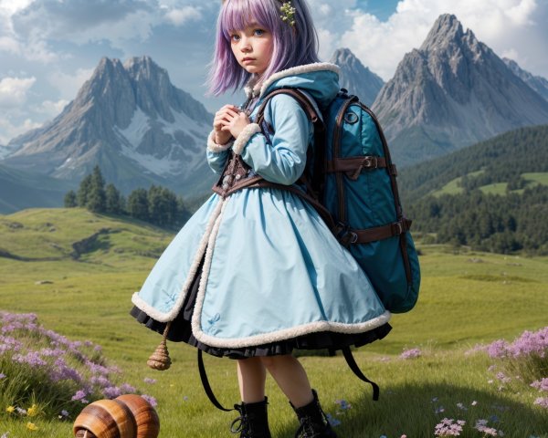 Young girl in blue dress in scenic mountain landscape