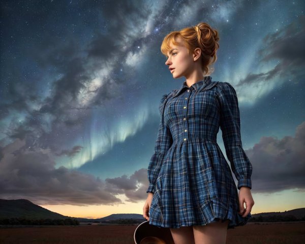 Young Woman in Plaid Dress Under Aurora Borealis