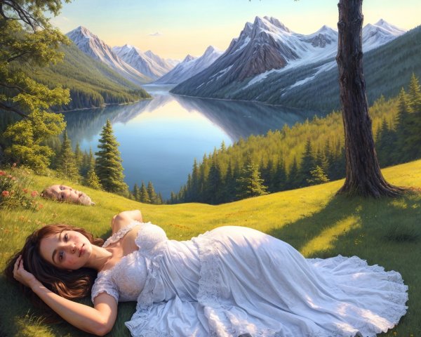 Serene Landscape with Woman in White Gown and Mountains