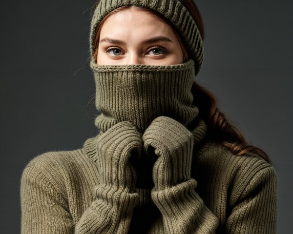Young woman in olive green knit sweater and gloves
