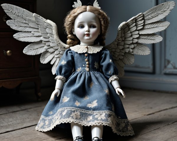 Vintage Doll with Porcelain Skin and White Wings
