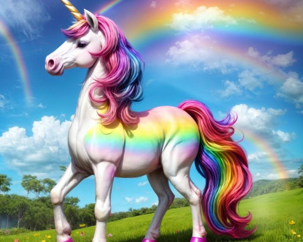 Unicorn in Vibrant Field with Rainbows and Clouds