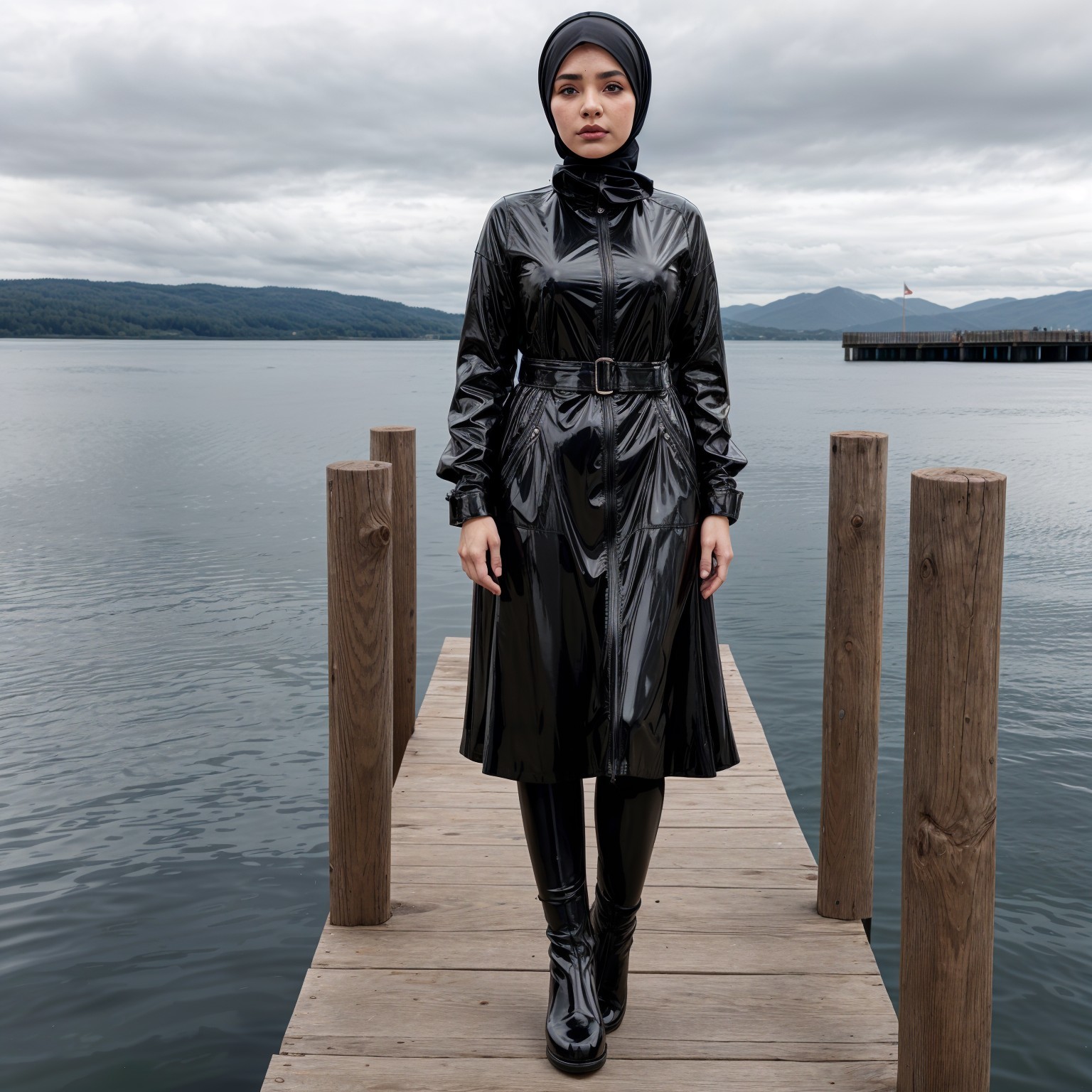 Woman in Black Trench Coat on Dock by Serene Lake