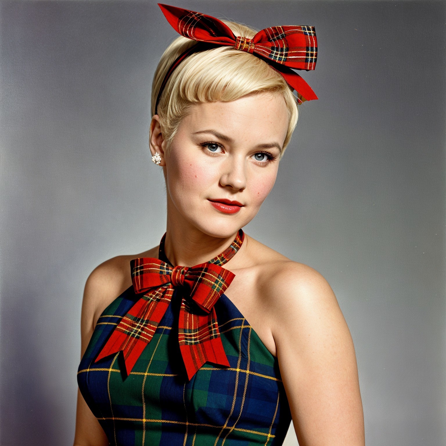 Stylish Woman in Red Plaid Dress with Bow Hair Accessory