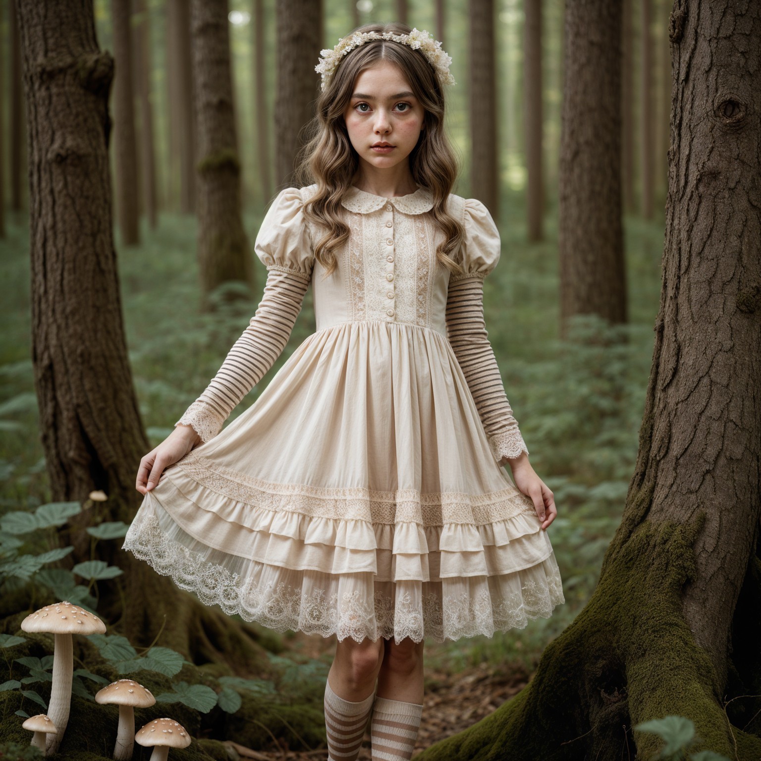Young girl in cream dress among forest trees