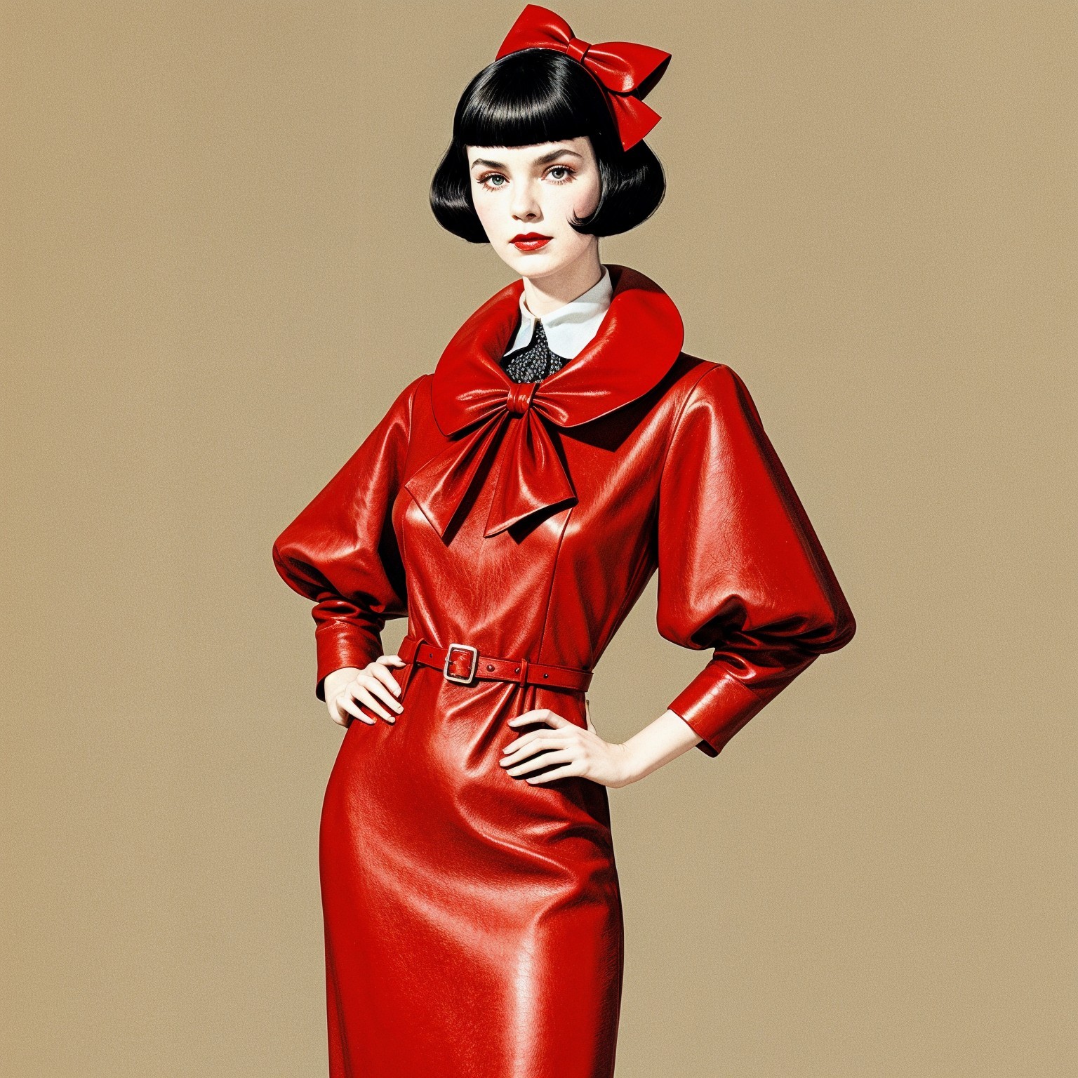Model in Vibrant Red Dress with Bow Collar and Sleeves