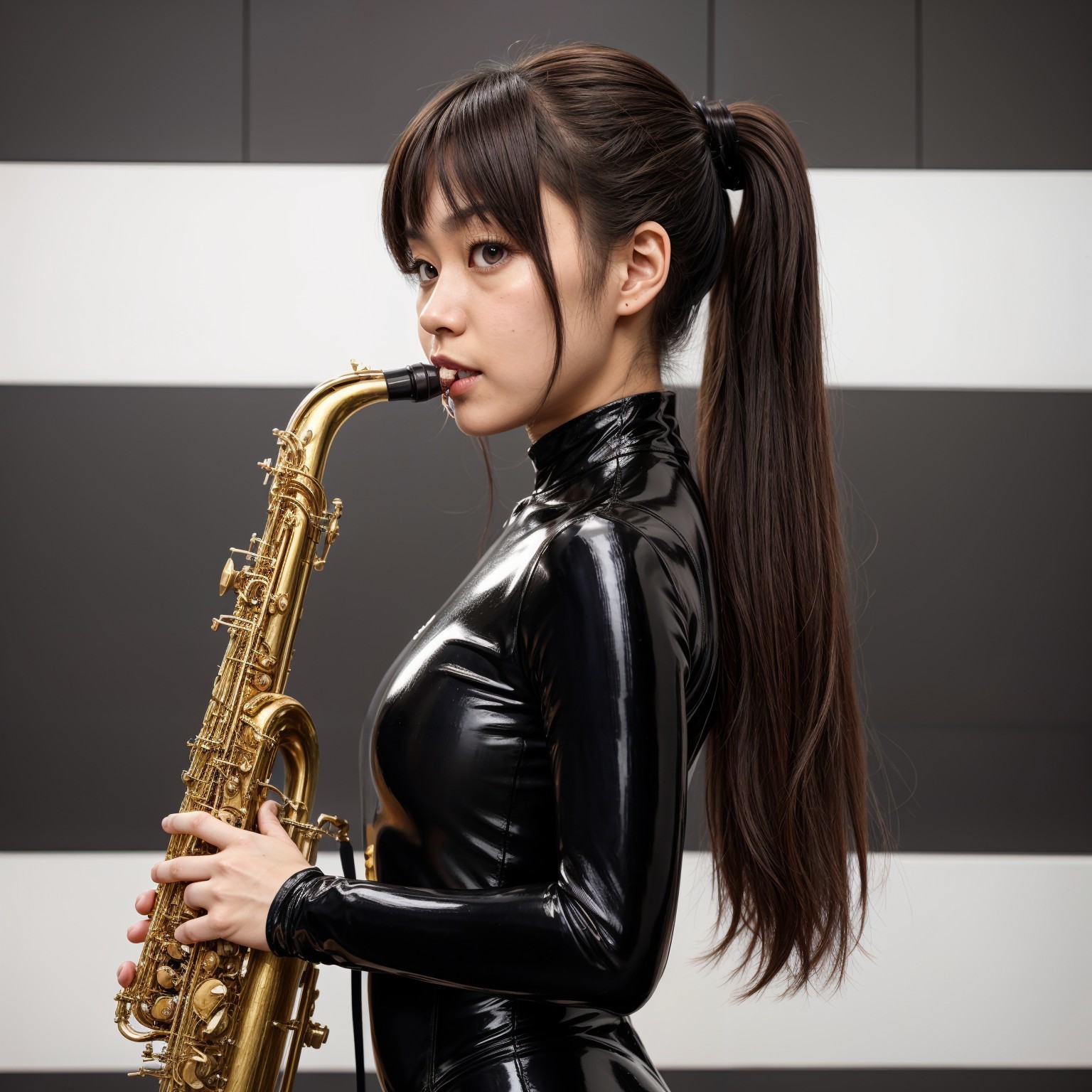 Young Woman with Golden Saxophone in Modern Setting