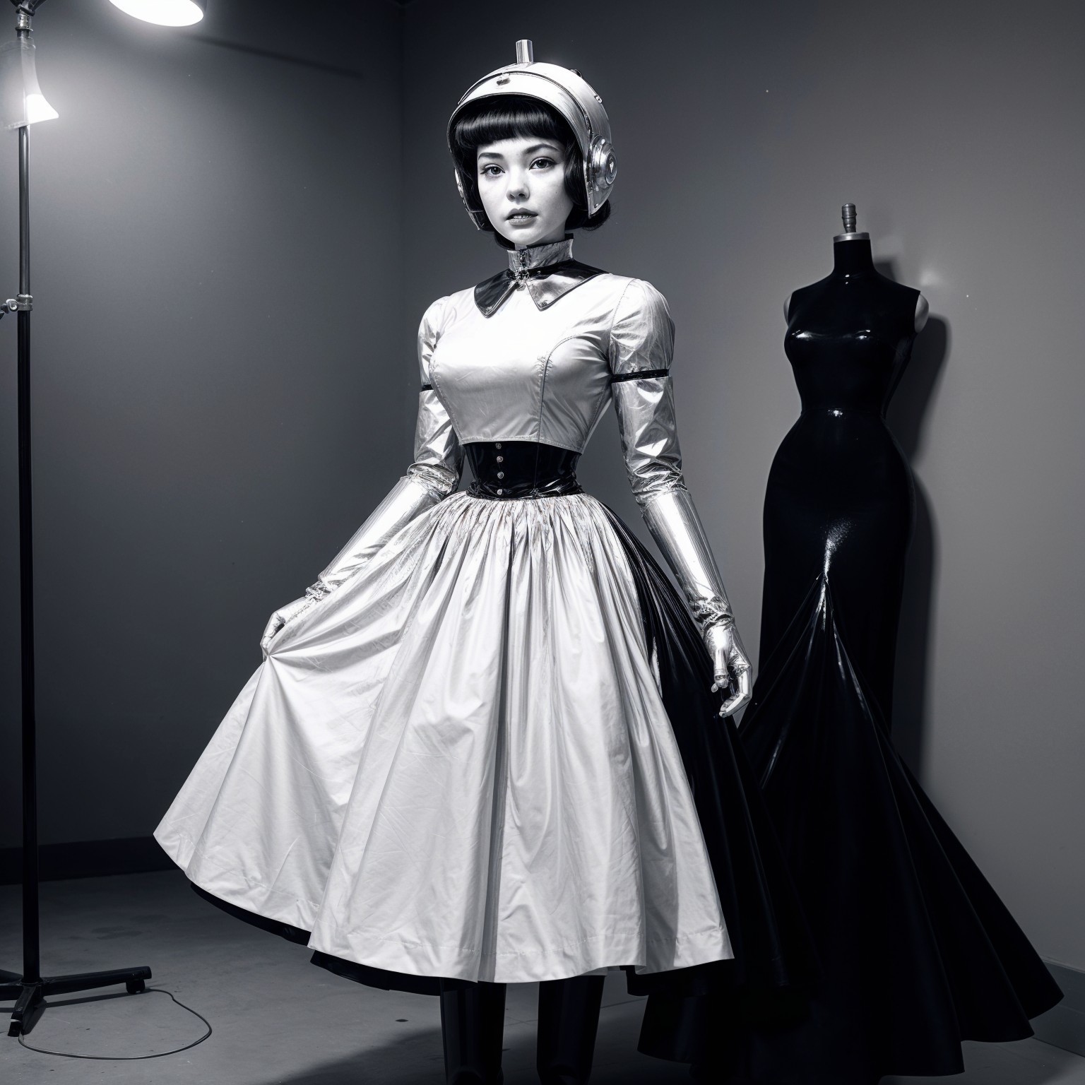 Futuristic Silver Gown with Retro Sci-Fi Elements