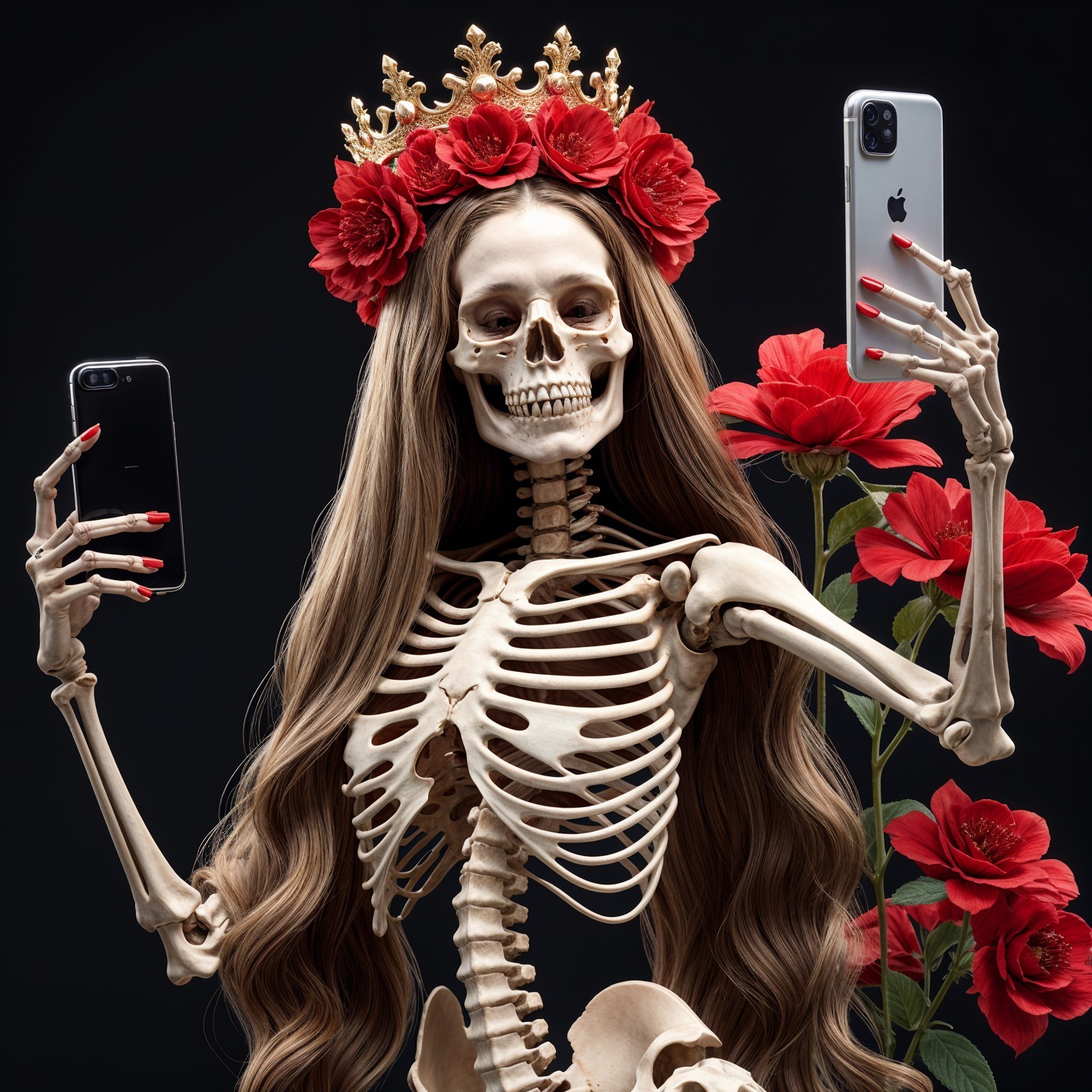 Skeleton with Crown and Flowers Holding Smartphones