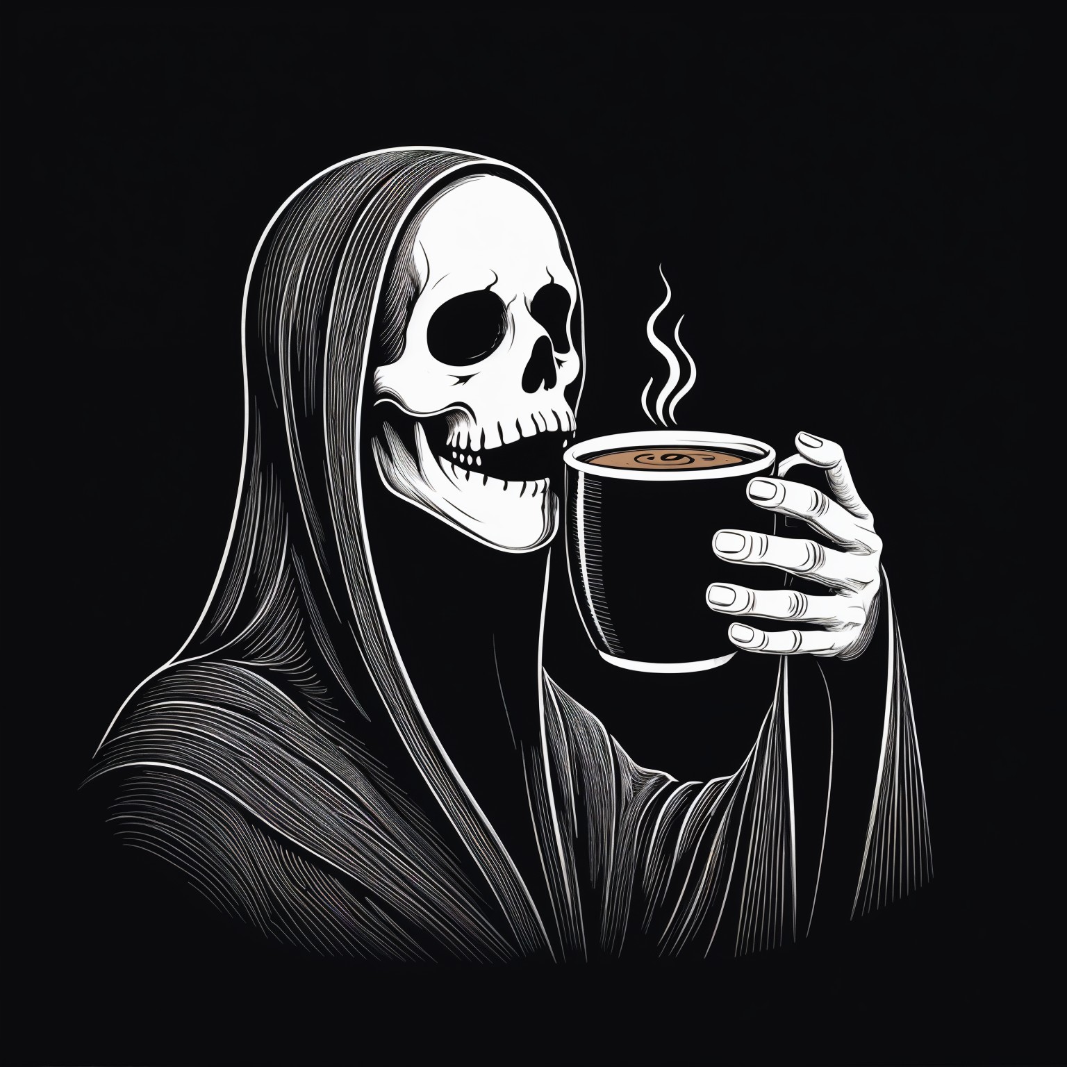 Whimsical Skull in Cloak with Coffee Illustration