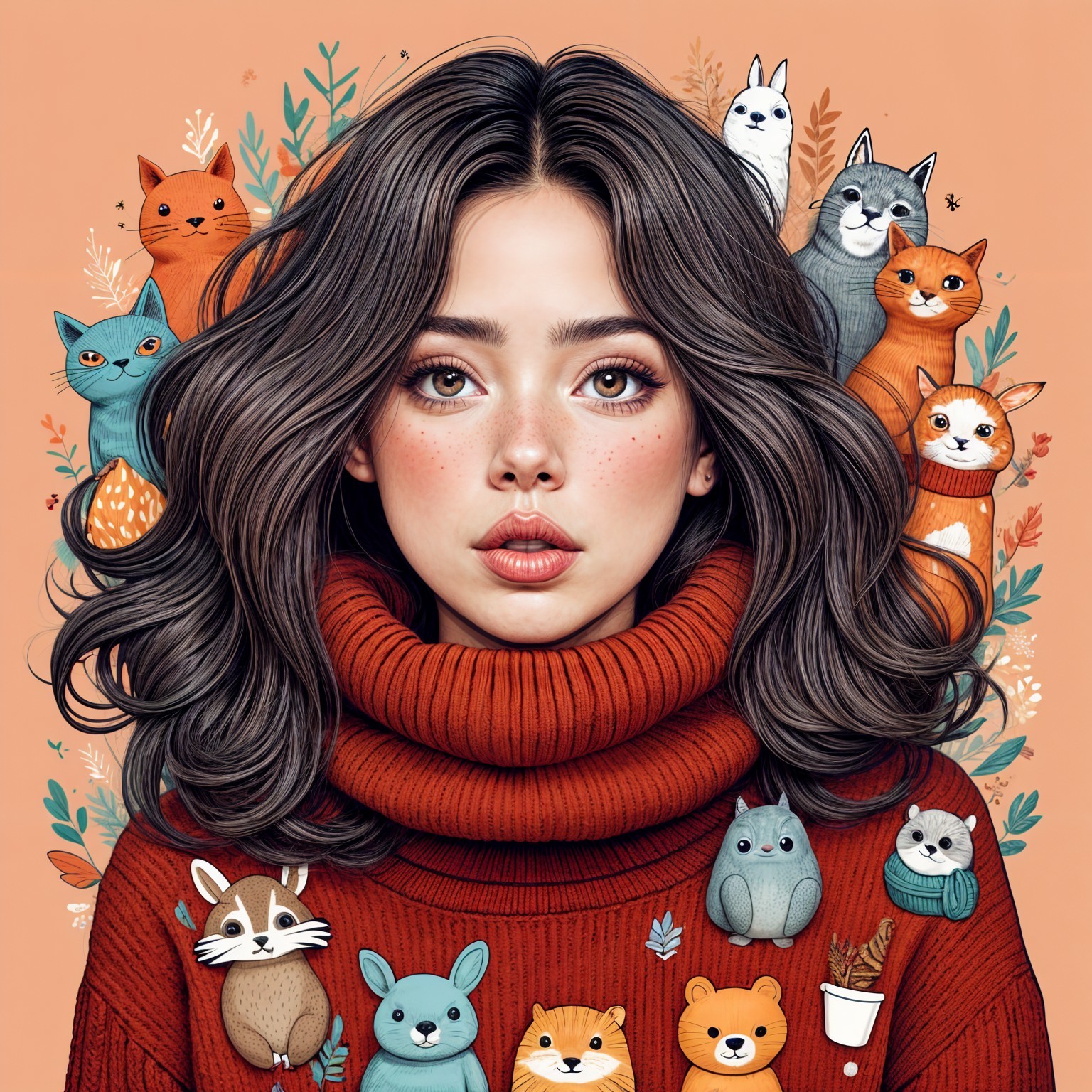 Young woman in cozy orange sweater with animal designs