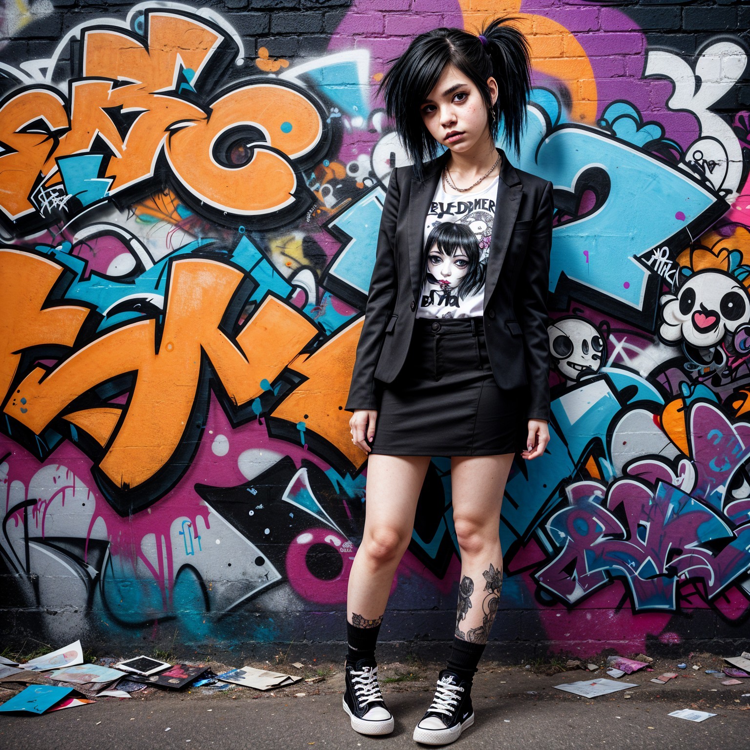 Young Woman in Edgy Fashion Against Graffiti Wall