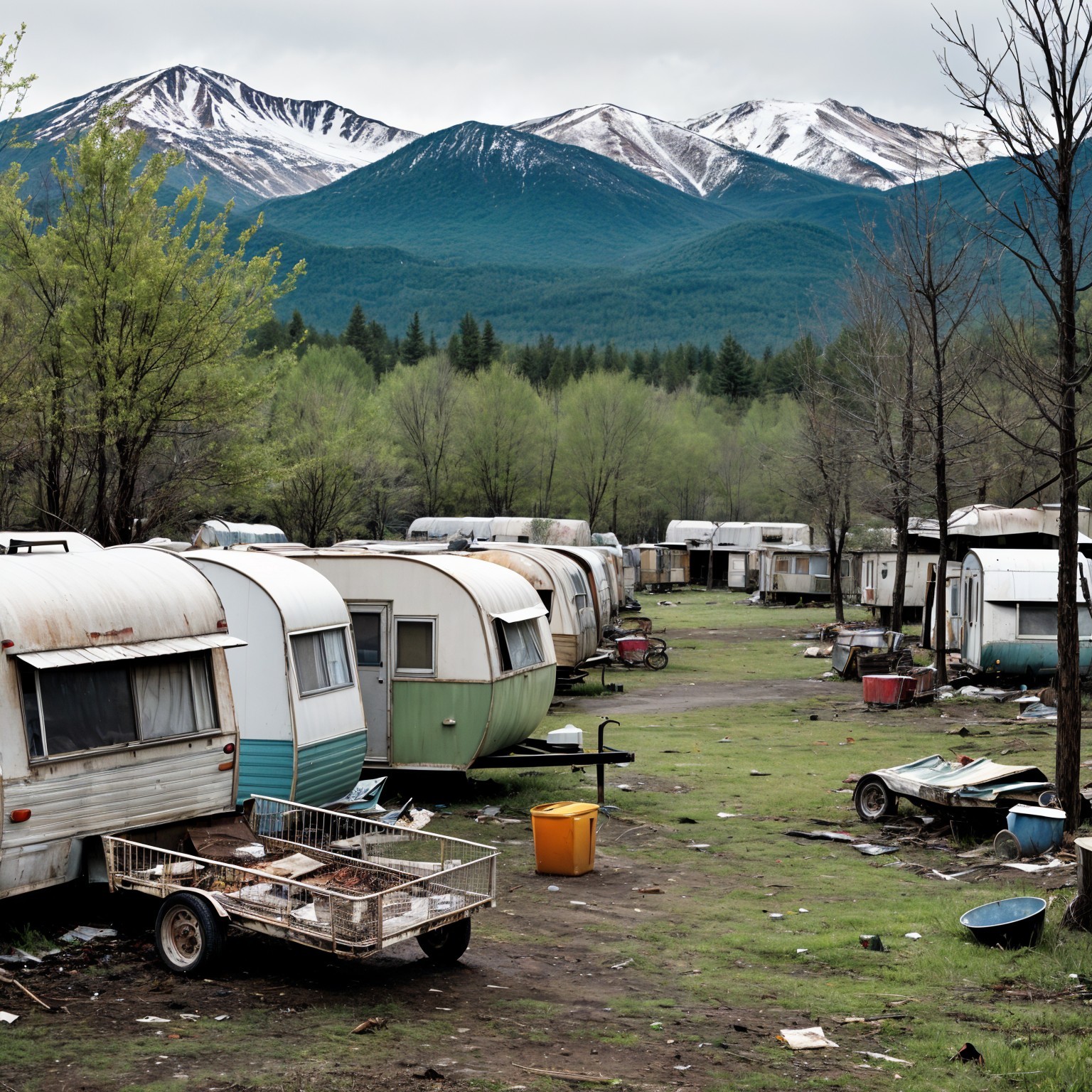 Dilapidated Trailer Park in Mountain Valley Landscape