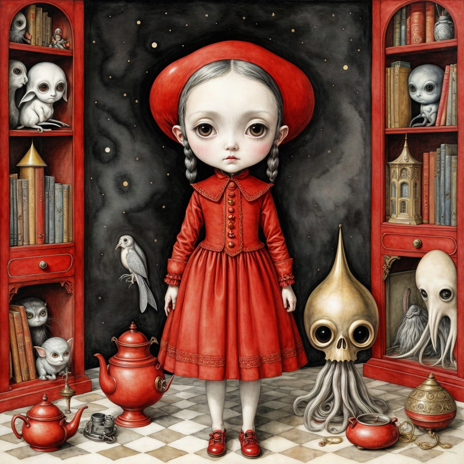 Girl in Red Dress in Whimsical Room with Creatures