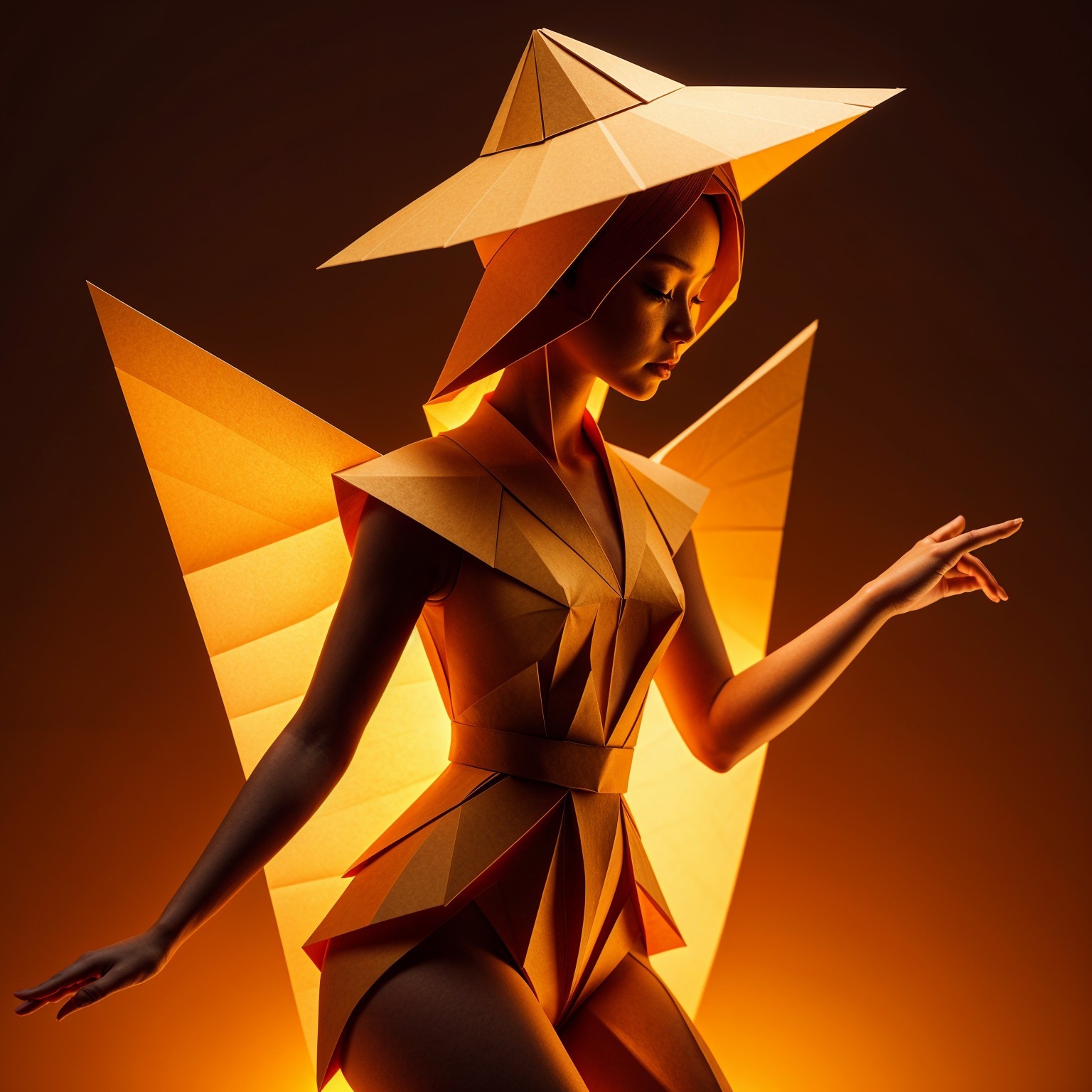 Geometric Paper Figure with Mythical Attire and Wings