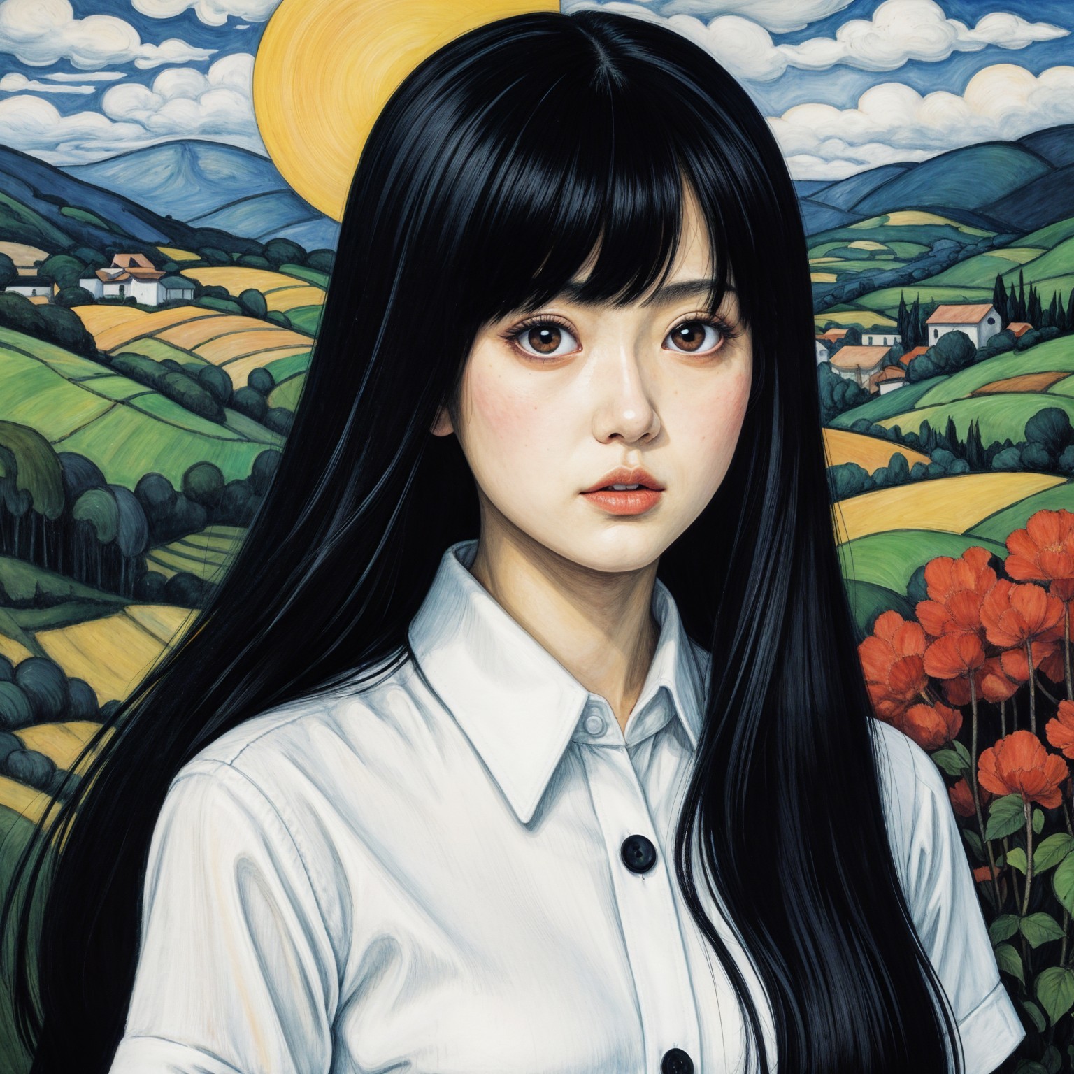 Young Woman in Vibrant Landscape with Flowers