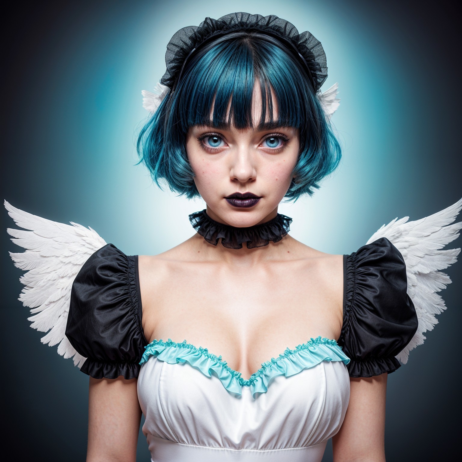 Young woman with blue hair in unique costume and wings