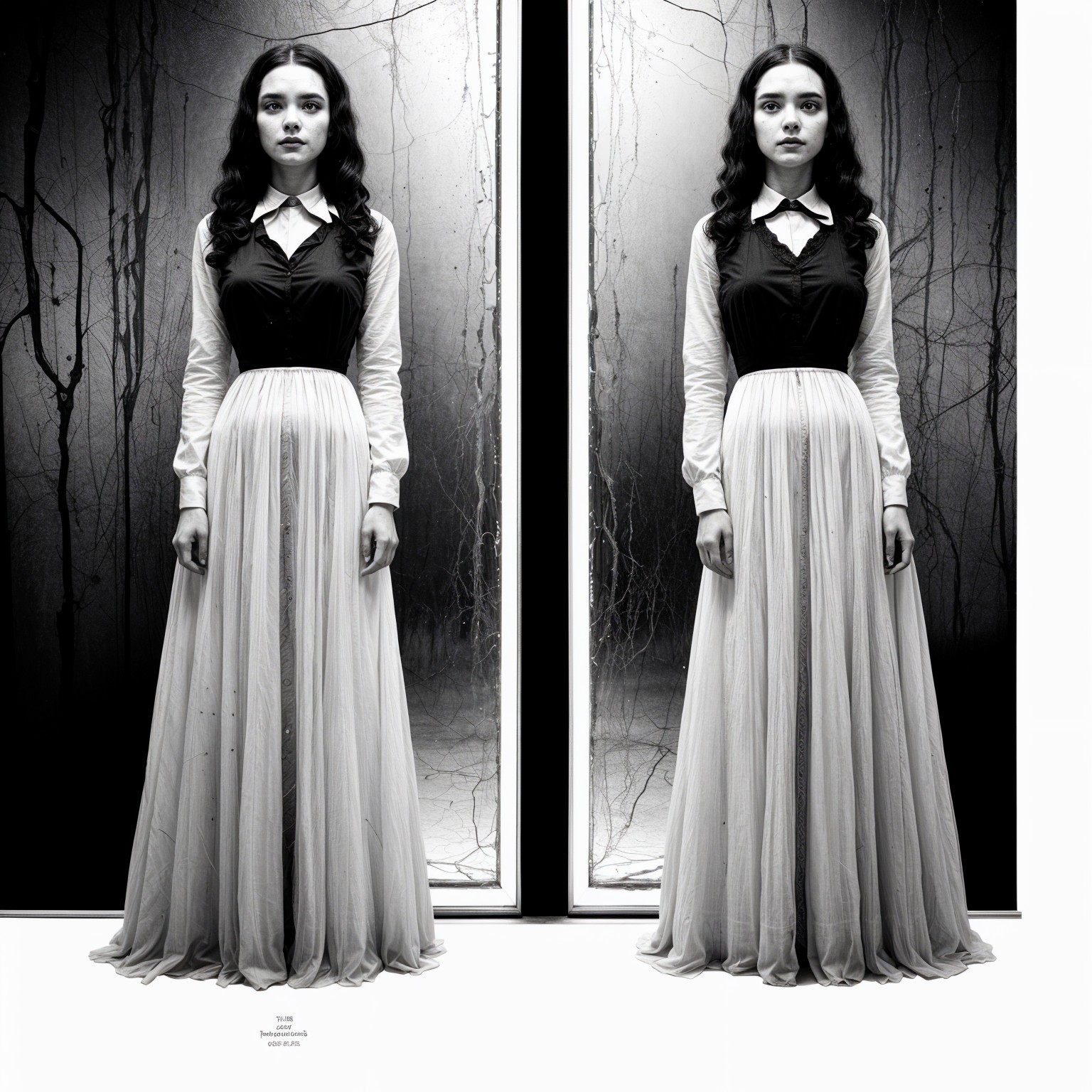 Identical Women in Vintage Formal Attire Against Dark Background