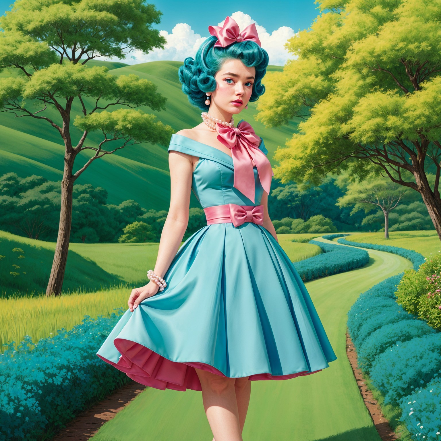 Young Woman in Vintage Sky-Blue Dress in Green Landscape