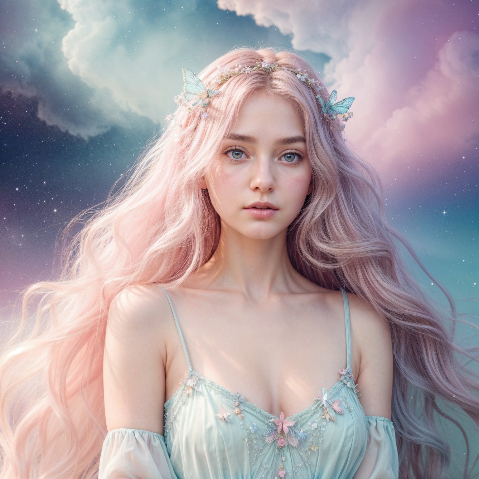 Young Woman with Pastel Hair in Dreamy Setting